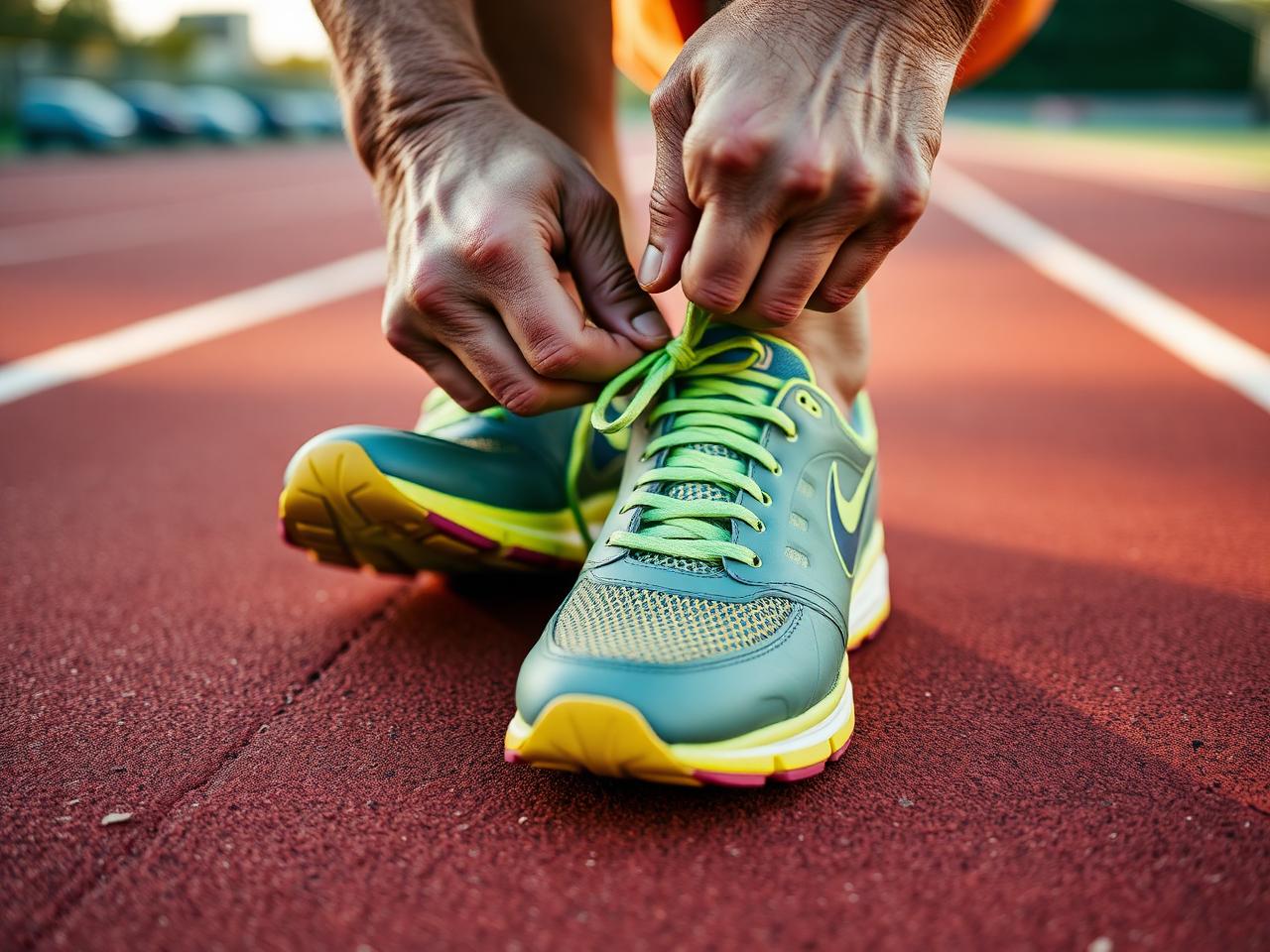 A senior athlete lacing up running shoes on a red track